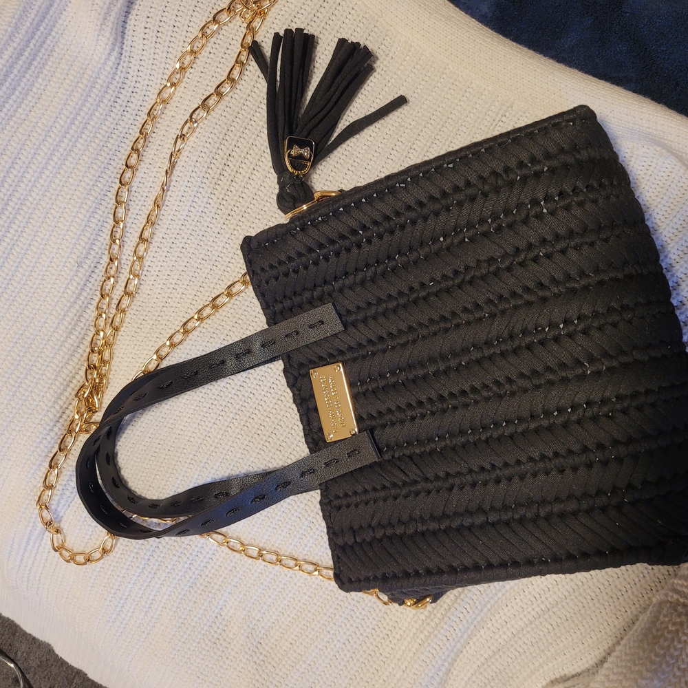 Crochet Black and Gold Quilted Shoulder Bag with Chain Strap